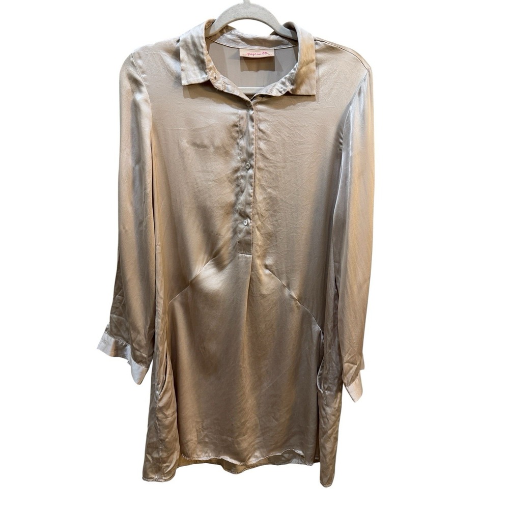 PAPINELLE Womens 100% Silk Gown Pajama Top Champagne Satin Size Small Pockets